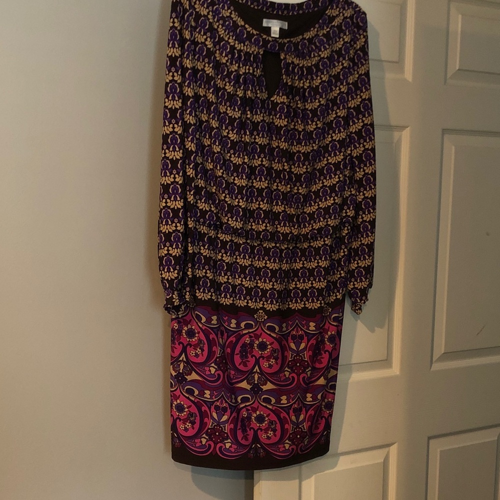 London Times Purple and Pink Patterned Long-Sleeve Dress